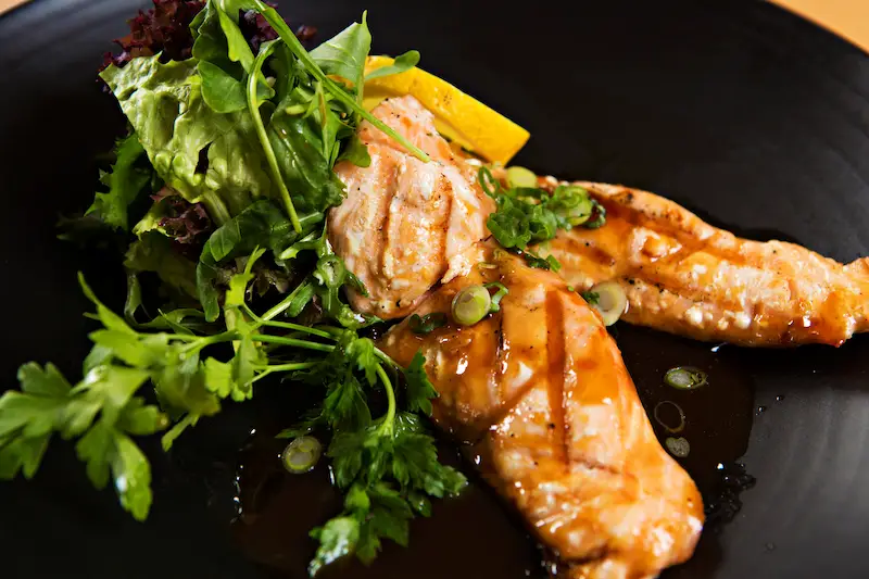 Salmon fillet with teriyaki glaze and coriander garnish